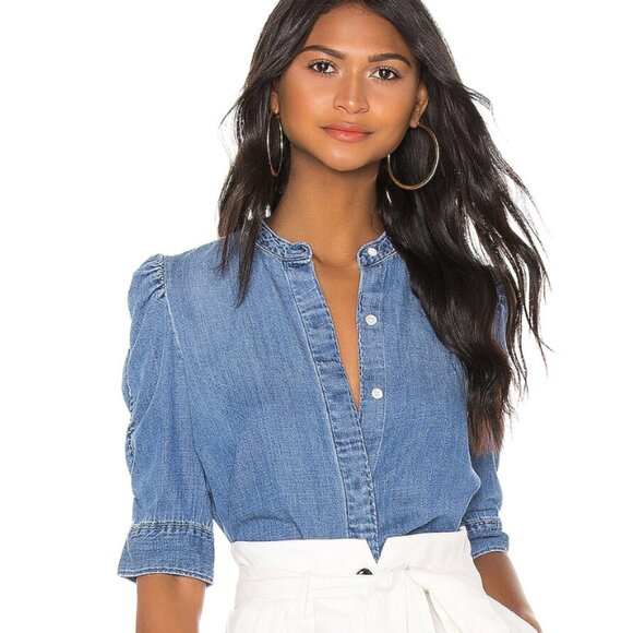 Frame Denim Tops - Frame Shirred Sleeve Button Up Shirt Women's Small Blue Denim Chambray Office